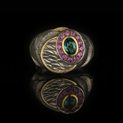 silver and gold signet ring with blue tourmaline and garnets, hand engraved