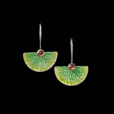 Enamel Fan earrings - Green leaf pattern / pink tourmalines
