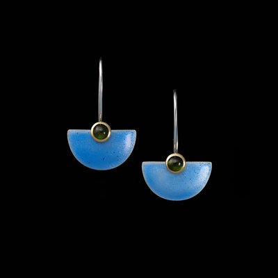 Enamelled Fan earrings, pale blue / green tourmalines