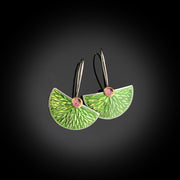 Enamel Large Fan earrings - Green leaf pattern