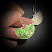 Enamel Large Fan earrings - Green leaf pattern