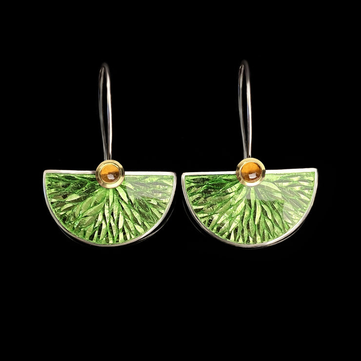 Enamel Large Fan earrings - Green leaf pattern