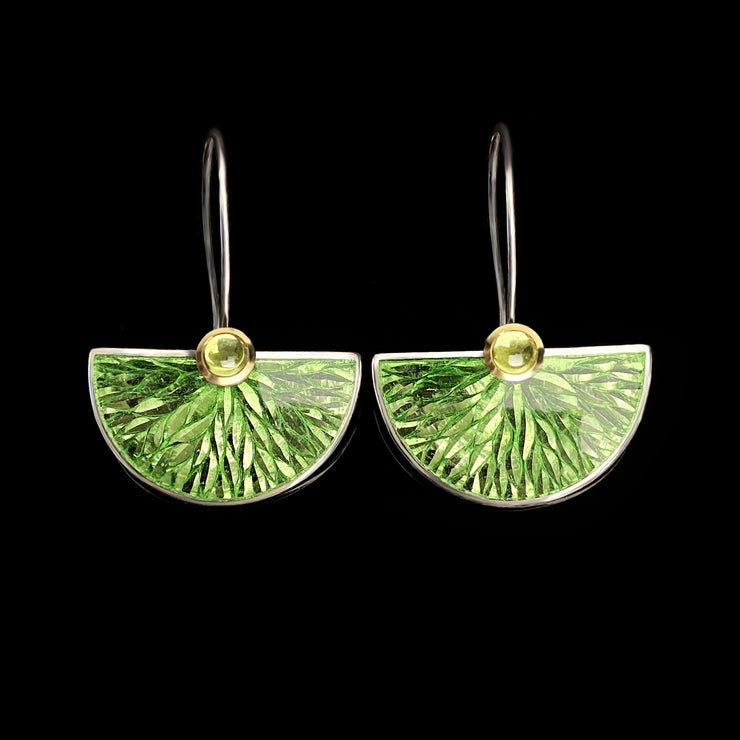 Enamel Large Fan earrings - Green leaf pattern