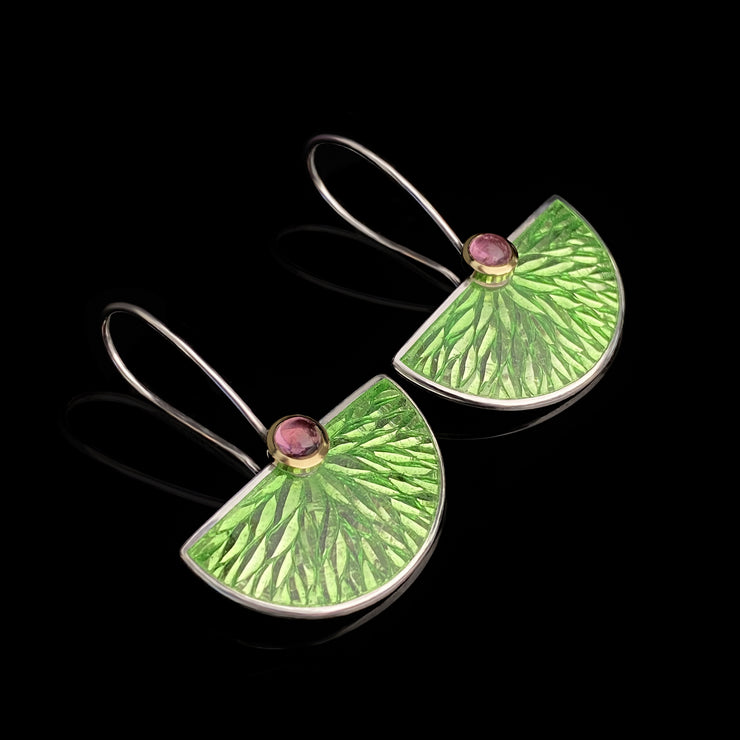 Enamel Large Fan earrings - Green leaf pattern