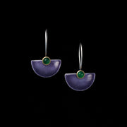 Enamelled Fan earrings, purple / green agates