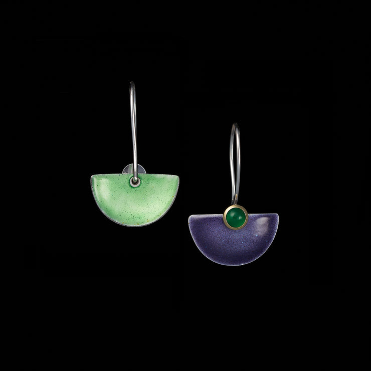 Enamelled Fan earrings, purple / green agates
