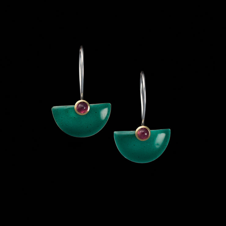Enamelled Fan earrings, turquoise green / pink tourmalines, 30% OFF