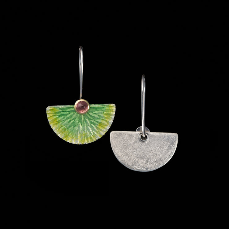 Enamelled Fan earrings, lime green leaf pattern / pink tourmalines