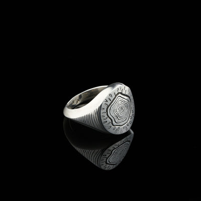 Unisex chunky silver signet ring, "Tree stump" engraving, custom made engraving.