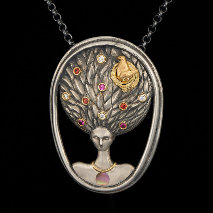 Forest goddess with nest, pendant or brooch
